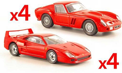 Ferrari 250 GTO 1/43 Hot Wheels -Set 4 x F40 rood en 4 x rood modelauto