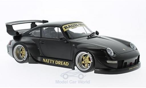 Modelauto Porsche 911 RWB mat-zwart Rauh Welt goldene Felgen zonder Vitrine 1/18 AUTOart