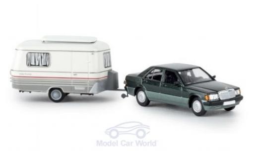 Modelauto Mercedes 190 Base E metallic groen 1988 met Eriba Wohnwagen 1/87 Brekina