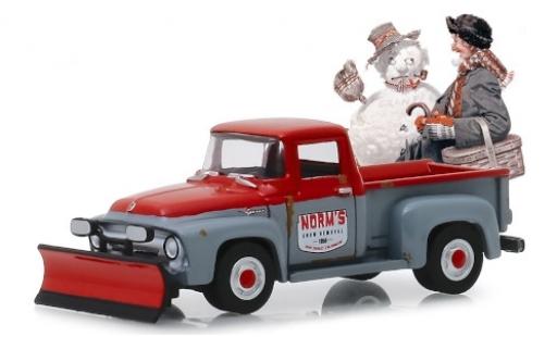 Modelauto Ford F-100 Pickup 00 grijs/rood Norms Snow Removal 1956 met Schneepflug en Gebrauchsspuren 1/64 Greenlight