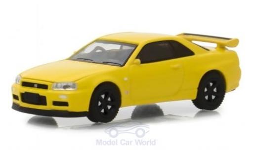 Modelauto Nissan Skyline R34 GT-R (BNR34) geel 2001 1/64 Greenlight