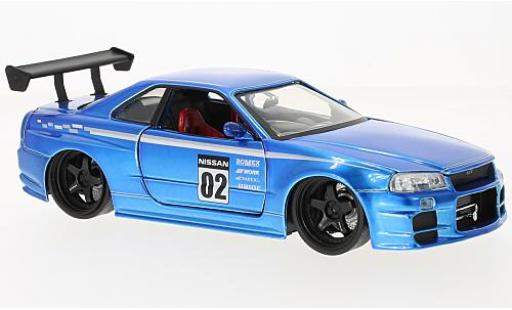 Modelauto Nissan Skyline R34 GT-R () metallic blauw RHD 2002 1/24 Jada Toys