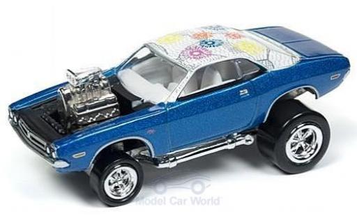 Modelauto Dodge Challenger tuning metallic blauw/Dekor 1971 zonder Vitrine 1/64 Johnny Lightning