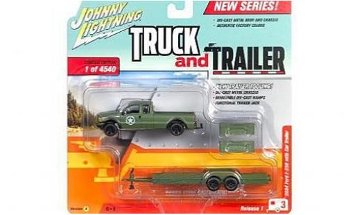 Modelauto Ford F-250 Pickup olijfgroen 2004 met Flatbed Anh&Atilde;&curren;nger zonder Vitrine 1/64 Johnny Lightning