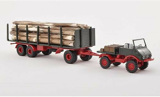 Mercedes Unimog 406-425 1/87 Brekina 421 Stammholz met Rungenanhanger en Ladegut modelauto