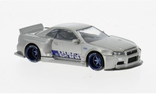 Modelauto Nissan Skyline R34 GT-R () grijs/blauw 1999 1/64 Mini GT