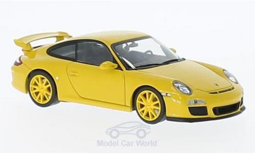 Modelauto Porsche 911 GT3 geel 2009 met geelen Felgen 1/43 Minichamps