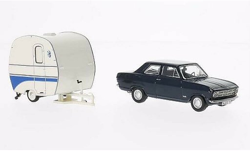 Opel Kadett B B 1/43 Schuco blauw 2-Turer met Knaus Schwalbennest Wohnanhanger modelauto
