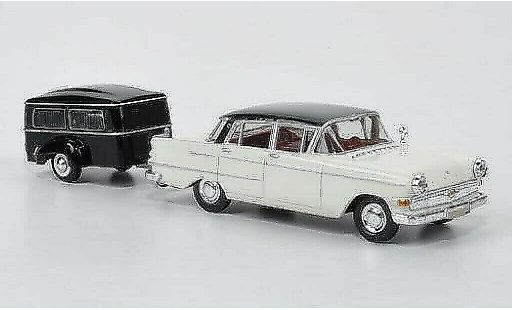 Opel Kapitan P2.6 1/87 Brekina wit/zwart met Westfalia Bestattungsanhanger modelauto