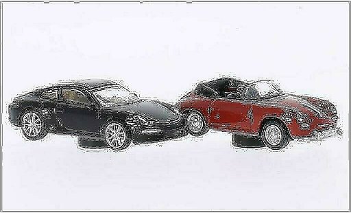 Porsche 911 Cabriolet 1/87 Schuco bruin + 356 rood modelauto