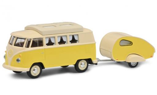 Modelauto Volkswagen T1 Base Camper geel/beige avec caravane 1/64 Schuco
