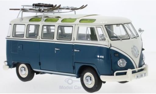 Modelauto Volkswagen T1 B Samba Bus blauw/beige Wintersport Wintersport met dakgep&Atilde;&curren;cktr&Atilde;&curren;ger 1/18 Schuco