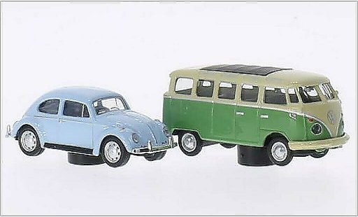 Volkswagen Kafer Base 1/87 Schuco blauw + T1 Samba groen/beige modelauto