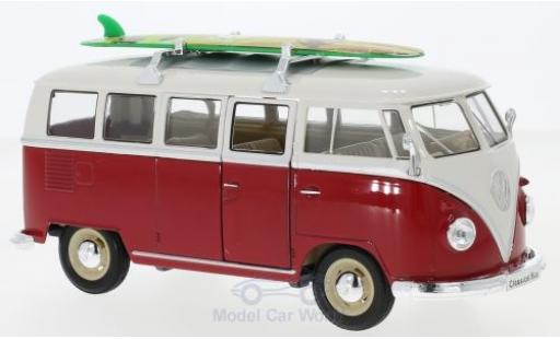 Modelauto Volkswagen T1 B Bus rood/wit 1963 met dakgep&Atilde;&curren;cktr&Atilde;&curren;ger en Surfboard 1/24 Welly
